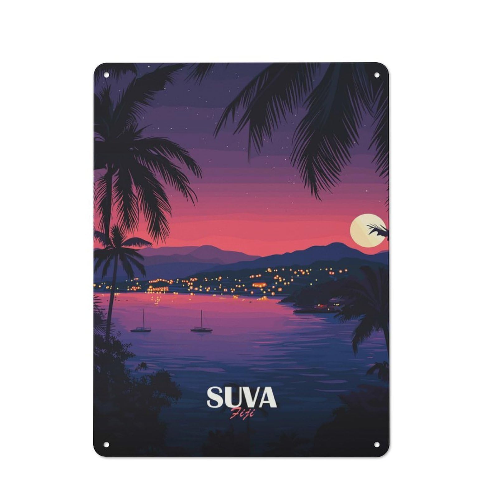 Junmoney Style-14 Suva Fiji Tropical Nightscape Illustration Tin Sign 40X30cm, Modern Vintage Creative Space Decor For Hobby Room, Office, Lounge Or Living Room