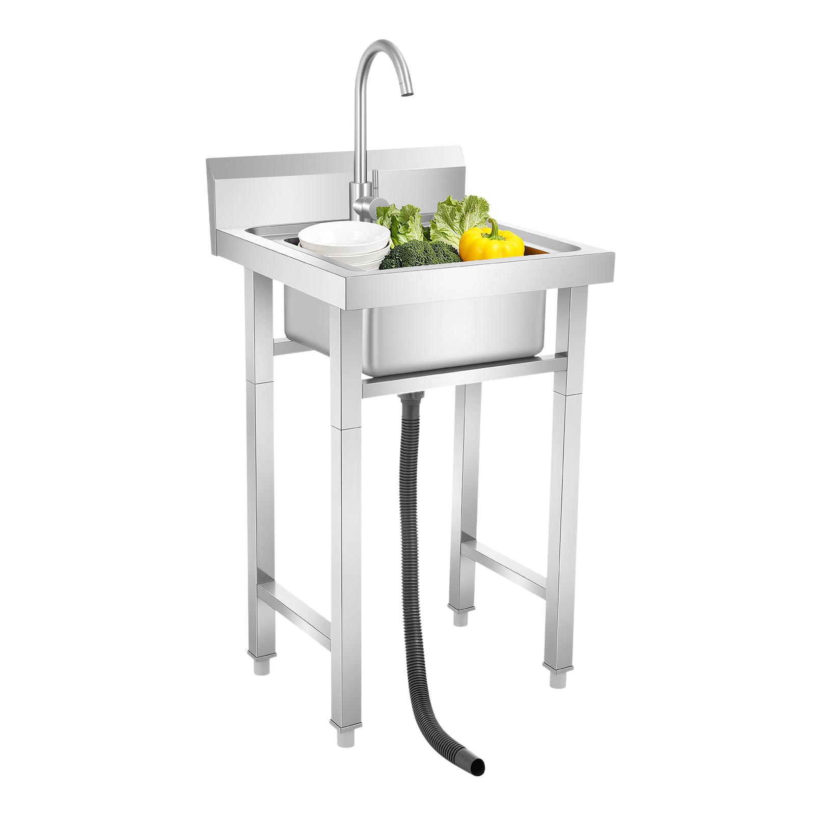 Fregadero comercial de 50 × 50 × 93 cm de acero inoxidable con 1 cuba, fregadero de cocina independiente con grifo de 360°, fregadero de pie con patas ajustables para restaurante, gastro, exterior