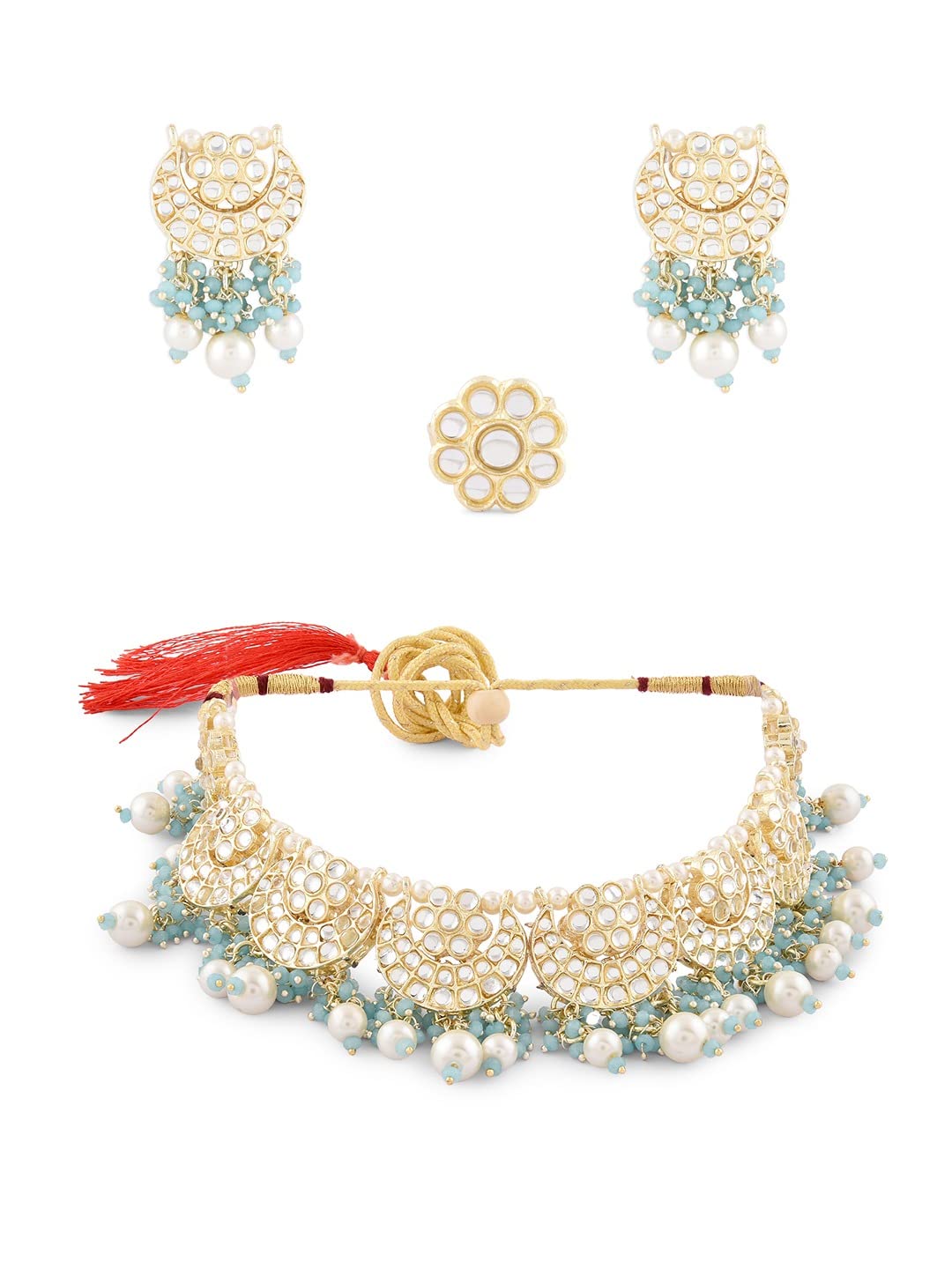 ZAVERI PEARLS Turquoise Blue Cluster Beads Drop Kundan Crescent Choker Necklace Earring & Ring Set For Women-ZPFK14723 (B0BDG5N4PX) Amazon Price History, Amazon Price Tracker