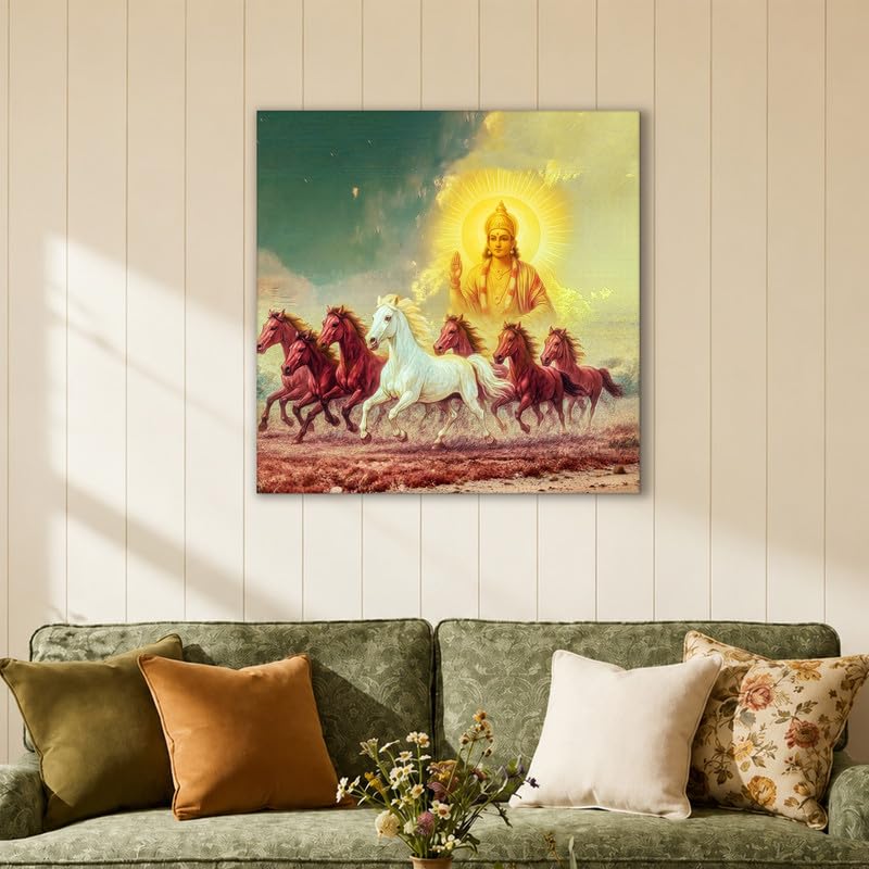 Image of PAINTINGMANRA Shurya Dev 7 Running Horses Canvas Wall Art Painting For Living Room Seven Horse Vastu Feng Shui Canvas Painting Positive Energy Wall Art For Home, Office, 22x22 Inch