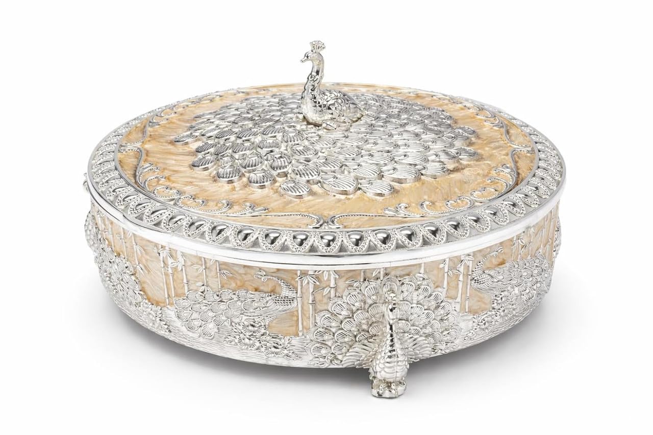 Peacock Round Dry fruit Gift box Empty storage box with Enemal finish 4 Section, Decorative Dry fruit storage container, German Silver Dryfruit box for Wedding gift box, Color - Peach-image-14