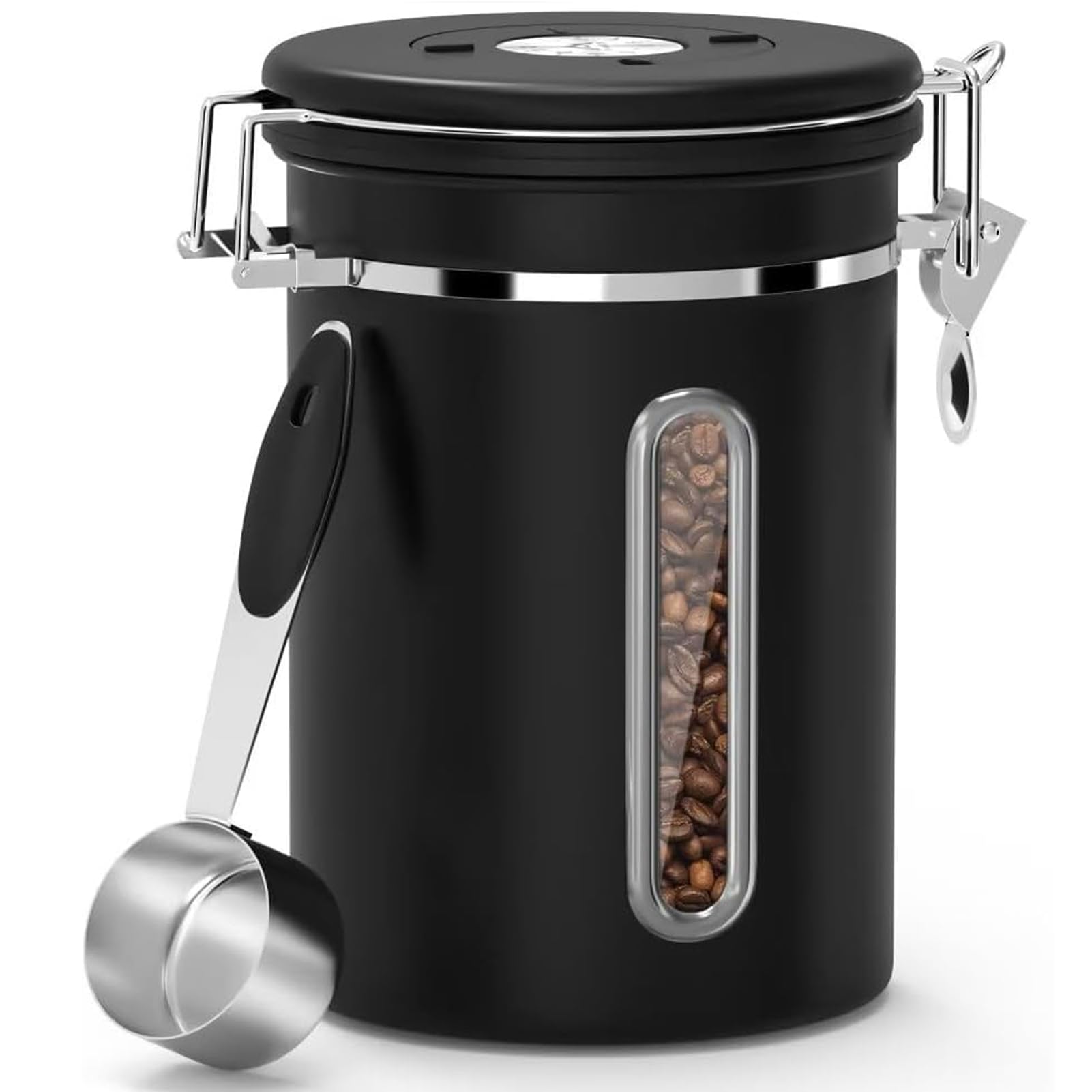 Airtight Coffee Canister,22OZ Stainless Steel Coffee Bean Storage Container w/Date Tracker,Window &Measuring Scoop,Kitchen Food Storage Container for Grounds Coffee,Beans&Tea (Black)