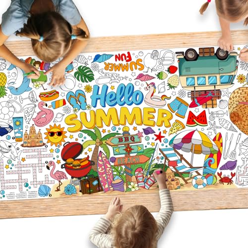 Image of Gatherfun Hello Summer coloring tablecloths, 31.5 x 72 Inch Beach Party Coloring Banner, Paper Table Cover for Summer School Party Supplies, Special Events Decoration, beach Party Decorations