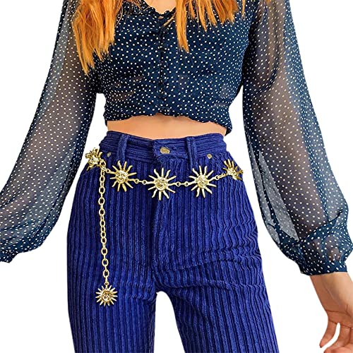 Women Punk Gothic Metal Waist Chain Vintage Sun Moon Waist Belt Silver Jewelry Pendant for Dress Party