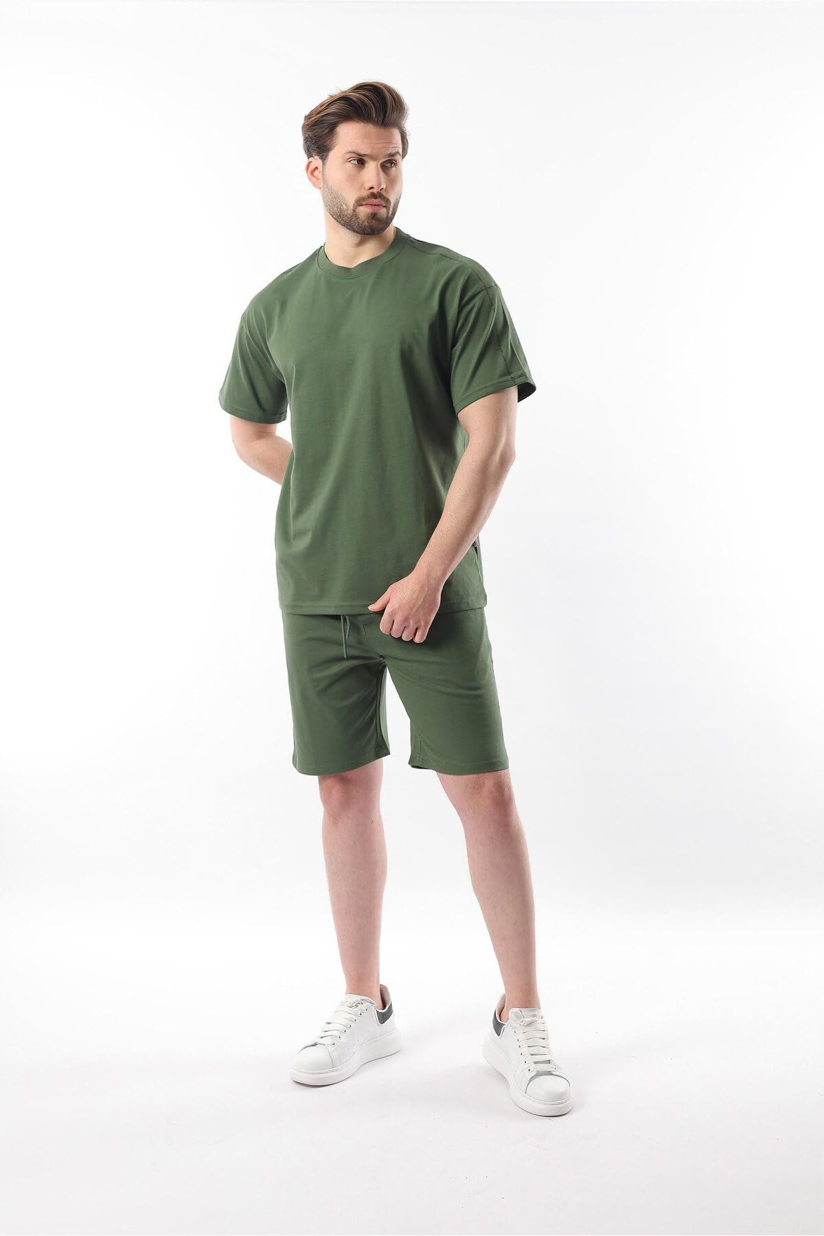 Madmext Haki Overfit Baskılı Erkek Şort T-shirt Takım E7302