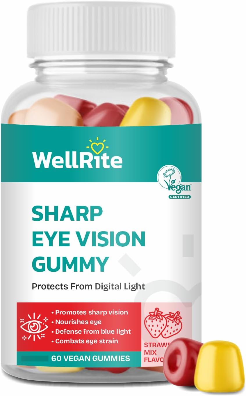 Sharp Eye Vision Gummy Vitamins, 60 Count, Strawberry Mix Flavored, Vegan, Gelatin Free, Gluten Free, Nut Free, Promotes Sharp Vision, Defense from Blue/Digital Light, Combats Eye Strain