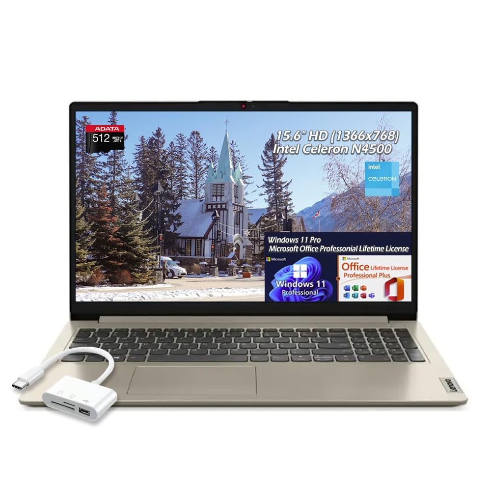 Lenovo Ideapad 1 15.6" HD Laptop, Intel Celeron N4500, 12GB Memory 640GB Storage(128GB eMMC+512GB Card), Wi-Fi6, Bluetooth, Win11Pro &amp; Office Lifetime License, Sand, with USB 3.0 Hub, W/GaLiMu