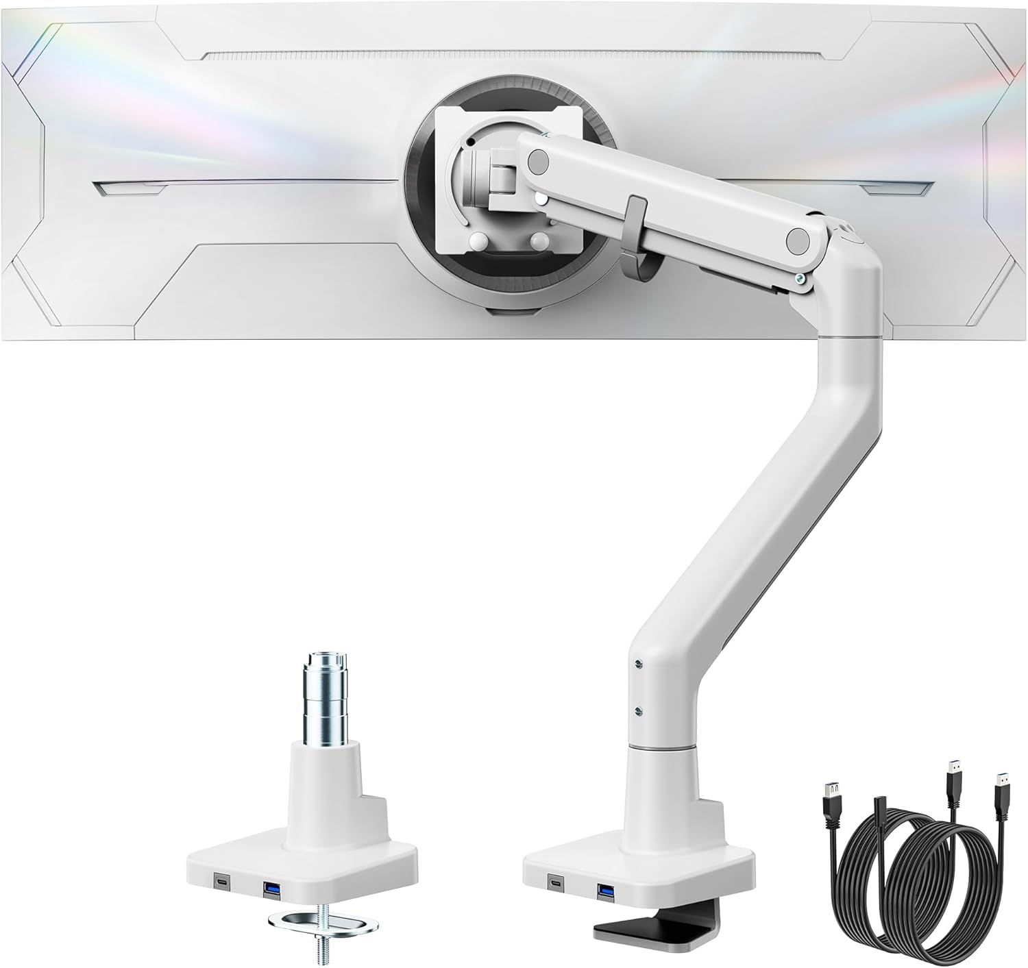 Product image of monTEK Single Monitor Arm with USB A/C, Ultrawide Monitor Stand for 17 to 57 Inch Curved Screen, Holds 59.4 lbs, Adjustable Gas Spring Arm, 75/100 VESA Mount, Clamp & Grommet Desk Mount, White