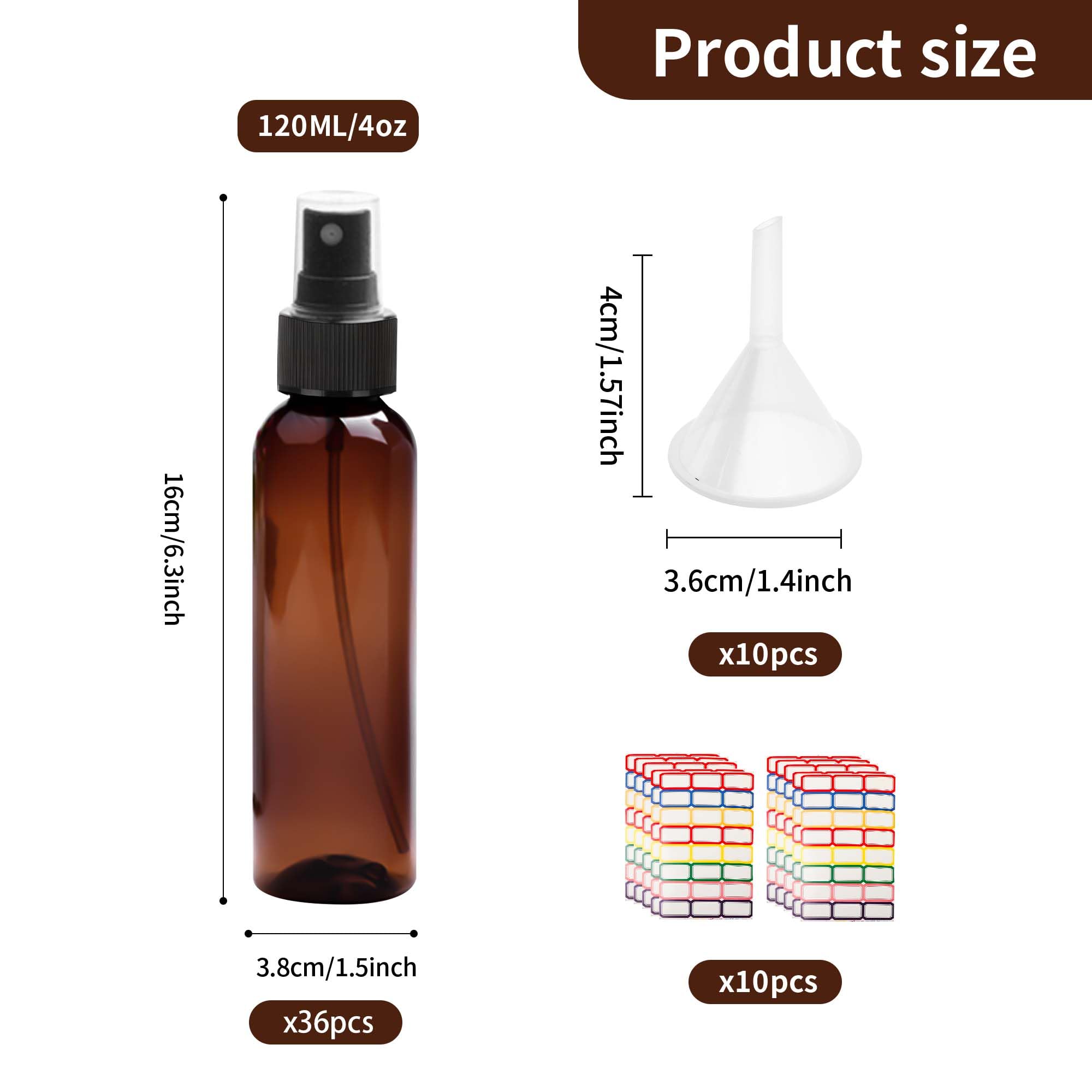 Confezione da 36 flaconi spray in plastica ambrata, 113,4 g, piccoli, in plastica, con nebulizzazione fine, vuoti, ambra, 113,4 g, per oli essenziali