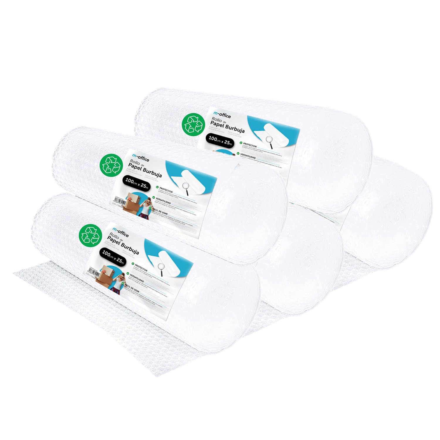 Rotolo di bolle in plastica, rotolo di bolle riciclato, per imballaggio, plastica a bolle per traslochi, imballaggi e scatole, plastica a bolle per imballaggio · m-office (100 cmx25 m, 5 pezzi)