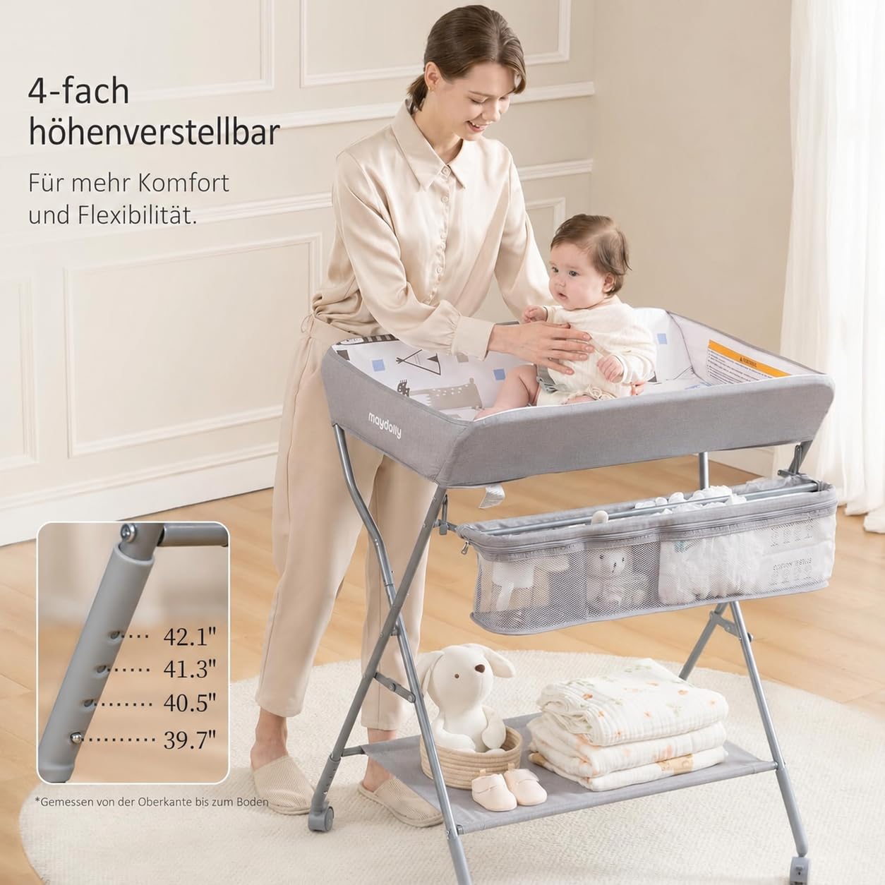Maydolly Baby Klappbar Wickelkommode, Mobiler Wickeltisch mit Rollen und Wickelauflage, Wasserdicht, Höhenverstellbar, hellgrau