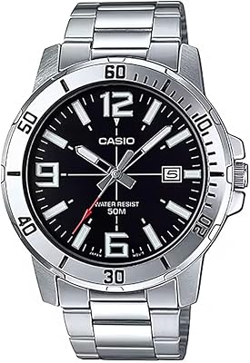 Casio MTP-VD01D-1BV Mens Enticer Stainless Steel Black Dial Casual Analog Sporty Watch, Silver, 484210.7mm, Quartz Movement