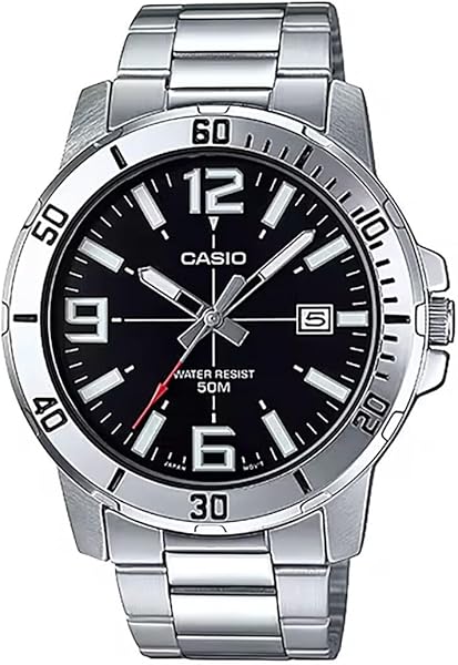 Casio MTP-VD01D-1BV Men's Enticer Stainless Steel Black Dial Casual Analog Sporty Watch, Silver, 48×42×10.7mm, Quartz Movement