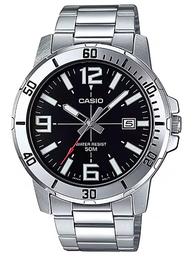 Casio MTP-VD01D-1BV Men's Enticer Stainless Steel Black Dial Casual Analog Sporty Watch, Black, Bracelet Type