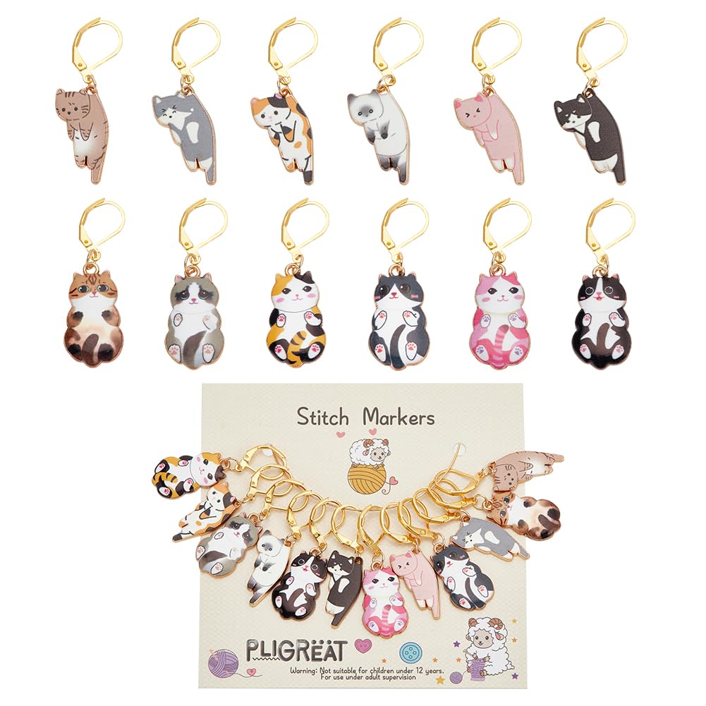 PLIGREAT 12 Pcs Lindo Gato Marcadores de Puntada Colgantes Gato Aleación Removible Marcadores de Punto para Tejer Costura Crochet Marcador de Puntada Creativo DIY Dijes