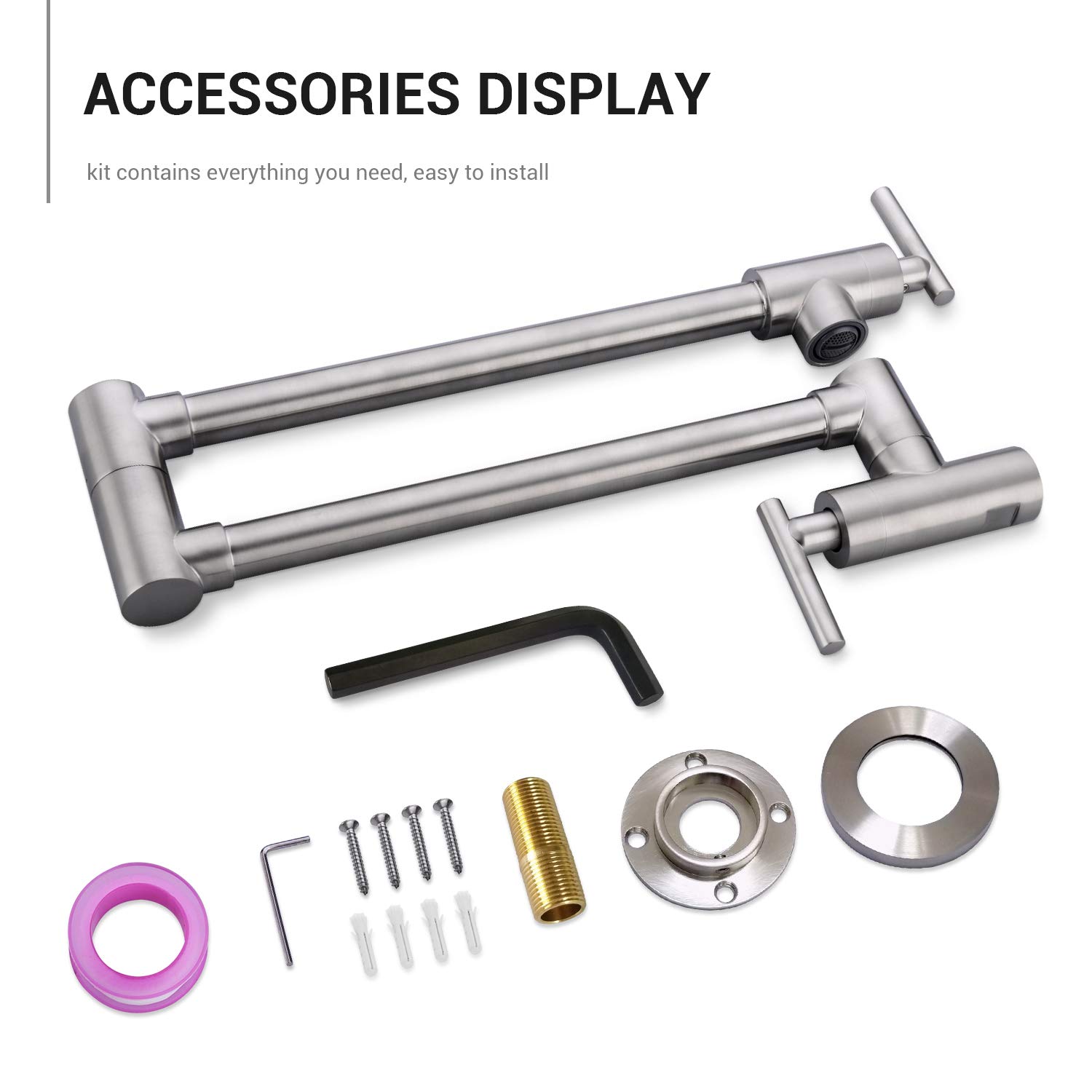 Grifo de llenado de pote KPF-13012BN, 2 manijas válvula montada en la pared de acero inoxidable comercial fregadero olla relleno con doble articulación brazo plegable estirable, níquel cepillado