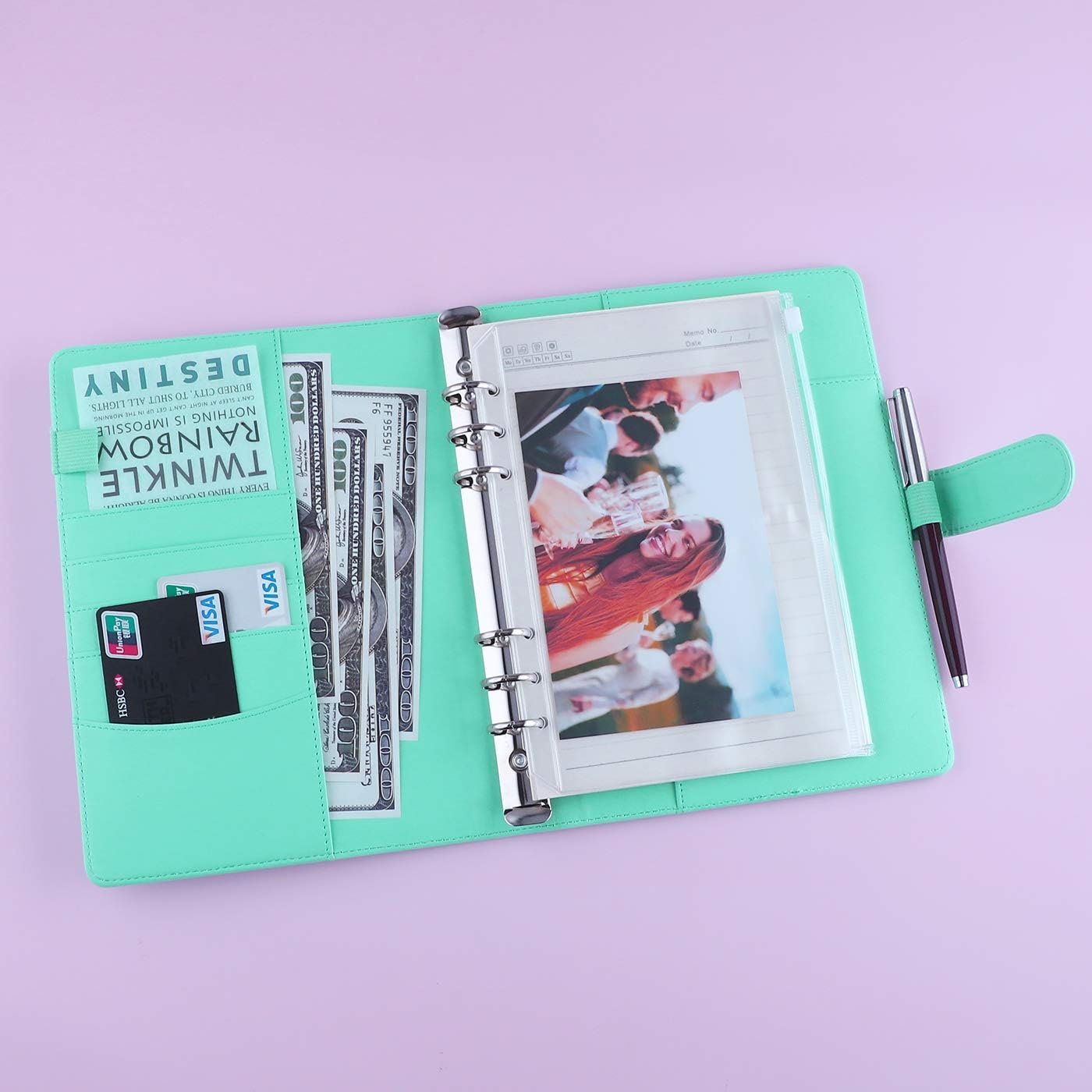 Antner A5 Binder PU Leather 6-Ring Notebook Binder Cover for A5 Filler Paper, Refillable A5 Personal Planner Binder with Magnetic Buckle Closure, Light Green