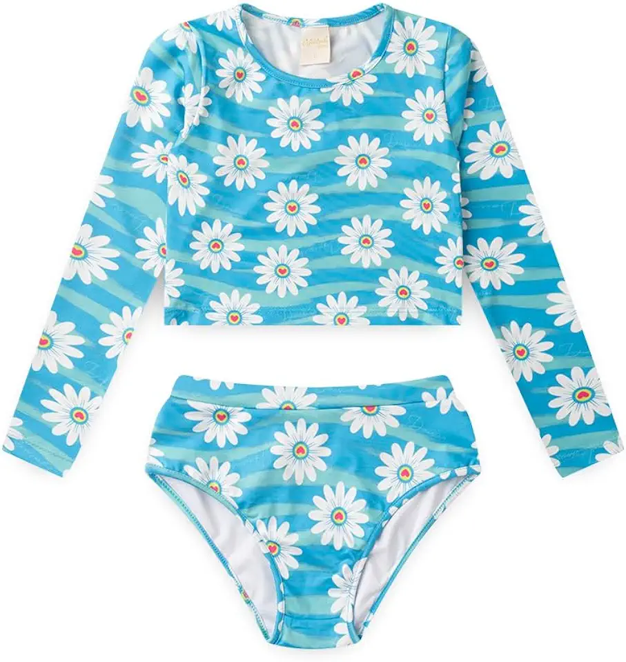 Conjunto Biquíni Infantil Menina Hawaii Manga Longa e Calcinha Margarida de Verão