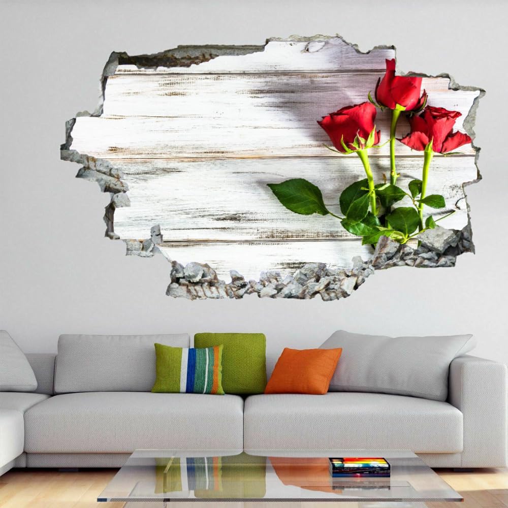 Adesivi murali rotti 3D Rosa rossa Adesivo murale Arte Stile retrò Vivaio Camera da letto per bambini Soggiorno Sfondo Adesivo Decorazione domestica rimovibile
