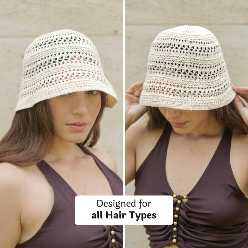 Image of Hair Drama Co. Crochet Bucket Hat for Women | Comfy & Casual Knit Handmade Foldable Floppy Hat | Summer Crochet Bucket Cap for Women & Girls