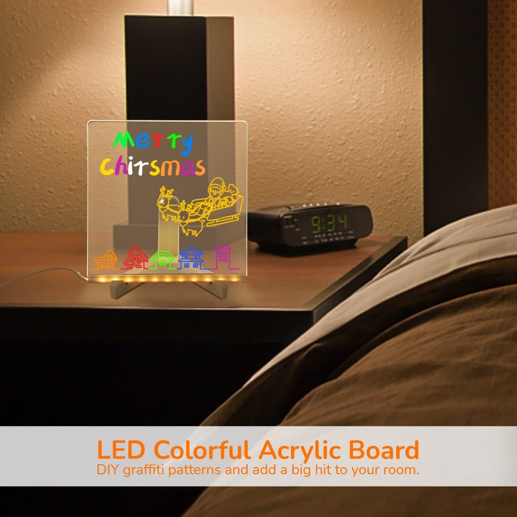 Akrylowa tablica na notatki z oświetleniem LED, 20 x 20 cm, tablica memo w zestawie 7 kolorowych pisaków, przezroczysta tablica do pisania z regulowaną podstawką, planer DIY i lampka nocna do biura i