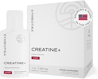 CYMBIOTIKA Creatine+, Creatine and Glutamine Supplement for Amino Energy, Recovery, Muscle Mass & Brain Support, Liposomal Delivery, Gluten Free & Vegan, Raspberry Flavor - 30ml Pouches (Pack of 20)
