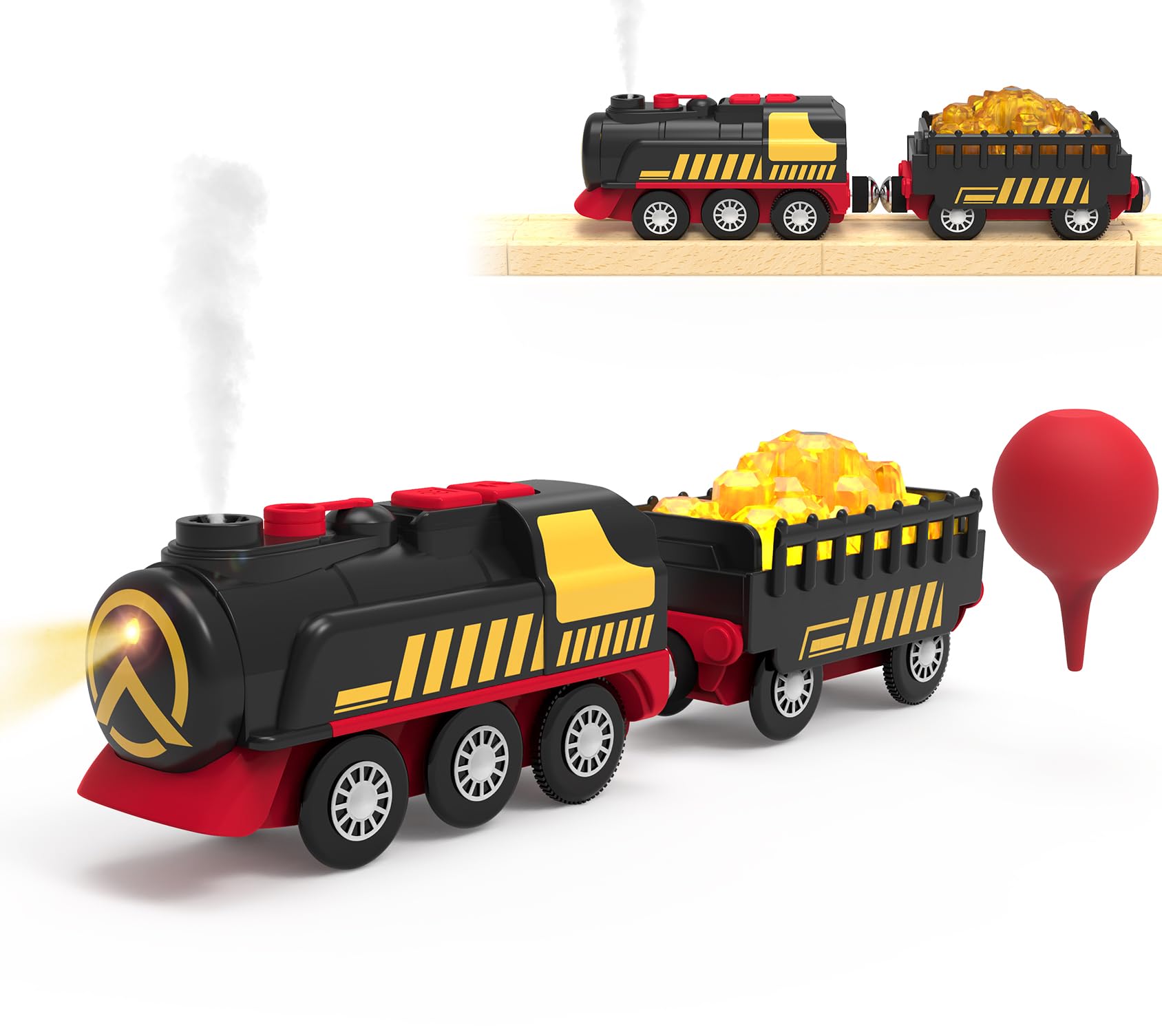 Steam Train for Wooden Tracks – Battery Operated Train Set with Realistic Smoke, Lights & Sound, Motorized Toy Trains Compatible with Thomas & Friends, Brio, for Kids Ages 3-8