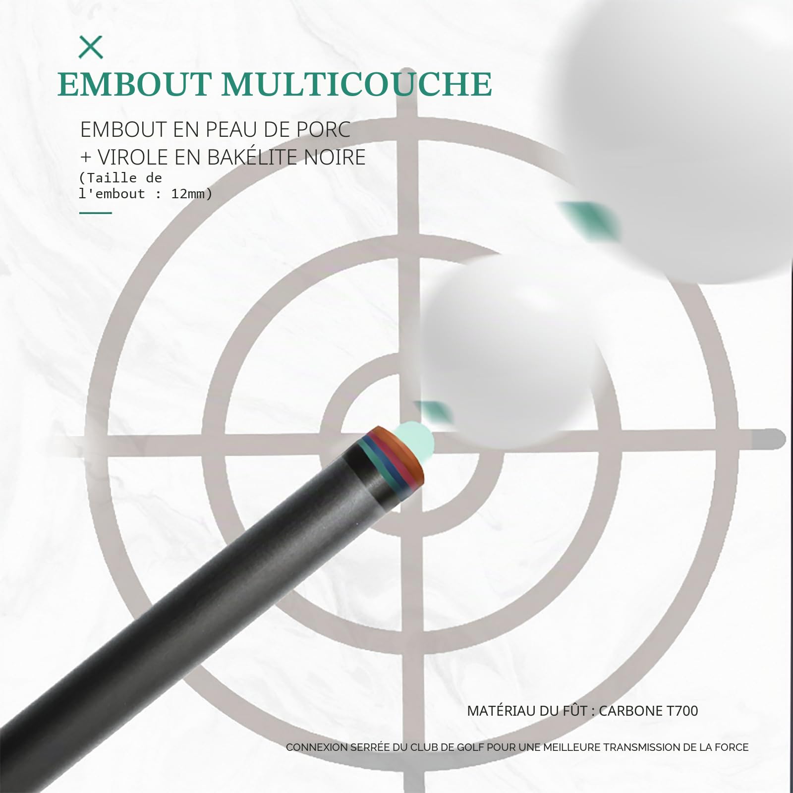 KHEALING Queue de billard en fibre de carbone de 58 pouces, structure 1/2, connecteur à 3 dents, pointe de 12,4 mm, 540-567 g, convient pour les joueurs de billard professionnels