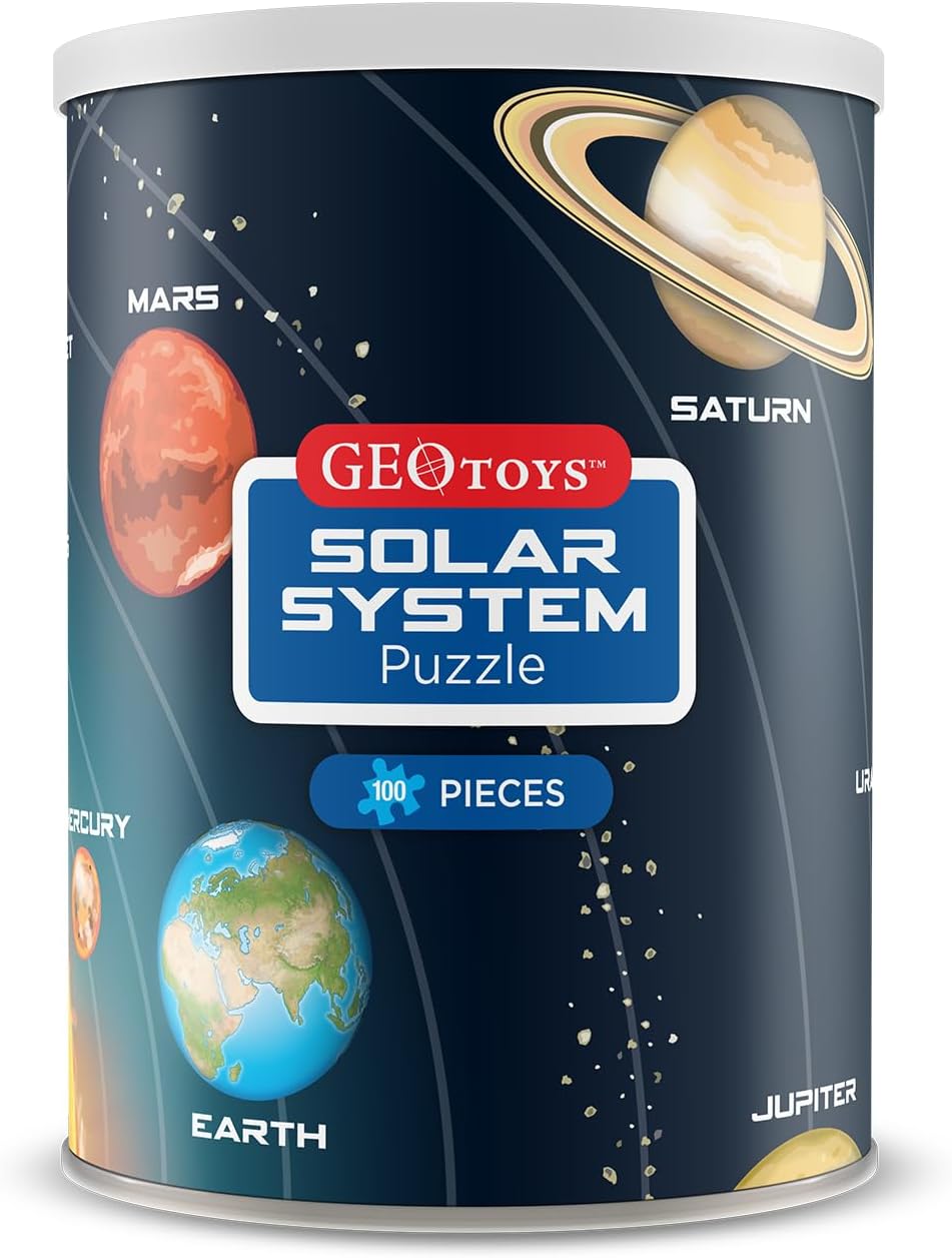 Geotoys Mini Solar System Puzzle - 100 Piece Puzzles for Kids and Adults - Mini Puzzle Space Map, Planets, Sun & Asteroids - 13" x 10" Outer Space Jigsaw Puzzles with Can Packaging