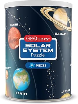 Geotoys Mini Solar System Puzzle - 100 Piece Puzzles for Kids and Adults - Mini Puzzle Space Map, Planets, Sun & Asteroids - 13" x 10" Outer Space Jigsaw Puzzles with Can Packaging