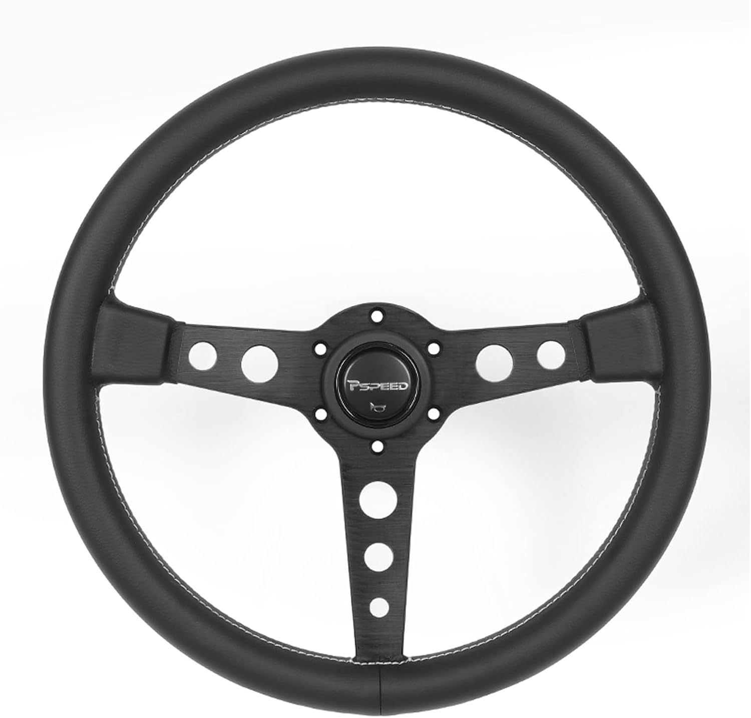 14 inch Steering Wheel, 6-Bolt 3-Spoke Matte Black Aluminum Leather grip White Stitching, with Black Horn ButtonFit for Racing,Car,Go Kart,Golf Cart,14inch Universal Steering Wheel