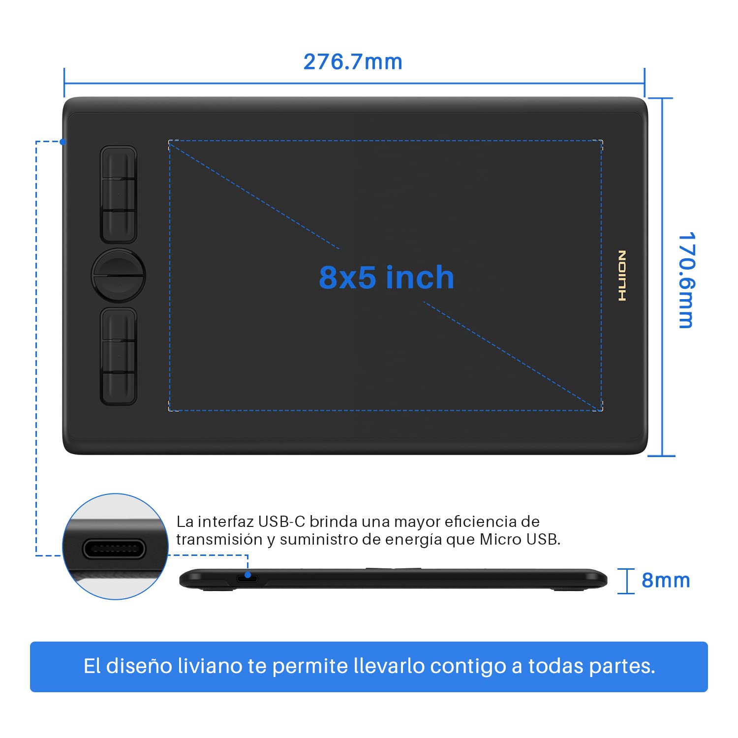 HUION Inspiroy H580X Tableta Gráfica, Tableta de Dibujo de Gráficos Digitales de 8x5 Pulgadas, Compatible con Android, 8 Teclas Express, Ideal para Pintar, Educación Remota y Oficina