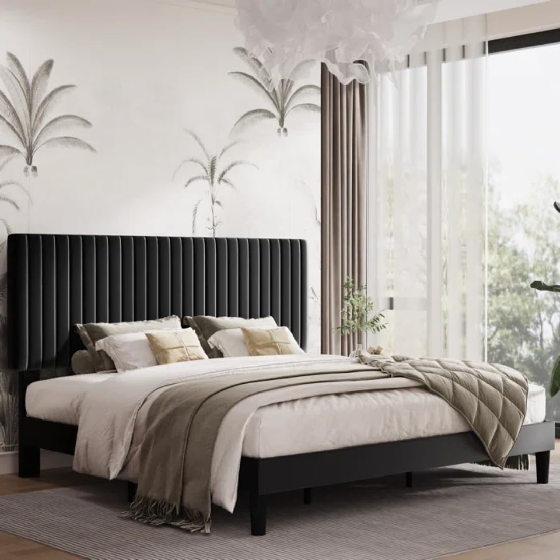 Mooncraft Premium Upholstered Queen Size Bed | Queen Size Bed with Headboard | Bed Without Storage | Cot for Bedroom | Platform Bed | Colour - Black