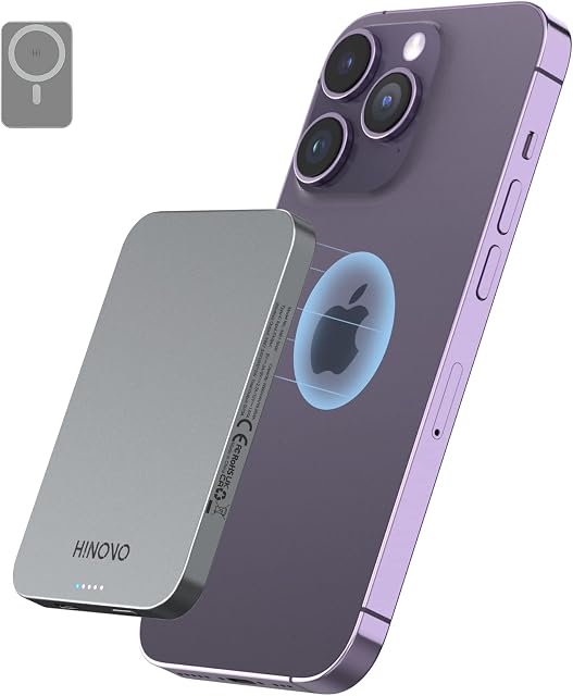 HINOVO Power Bank, 5000mAh Magnetic Wireless Portable Charger iphone Compatible with Magsafe, Metal Design 0.35 Ultra Slim 15W Fast Charging Power Bank with LED Indicator for iPhone 14/13/ 12 Series