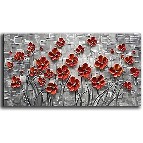 YaSheng Art 100% Hand painted Oil Paintings On Canvas Texture 3D Red Flowers Paintings Modern Home Decor Canvas Wall Art Paintings,Stretched and Framed Ready to Hang 24x48inch Cover