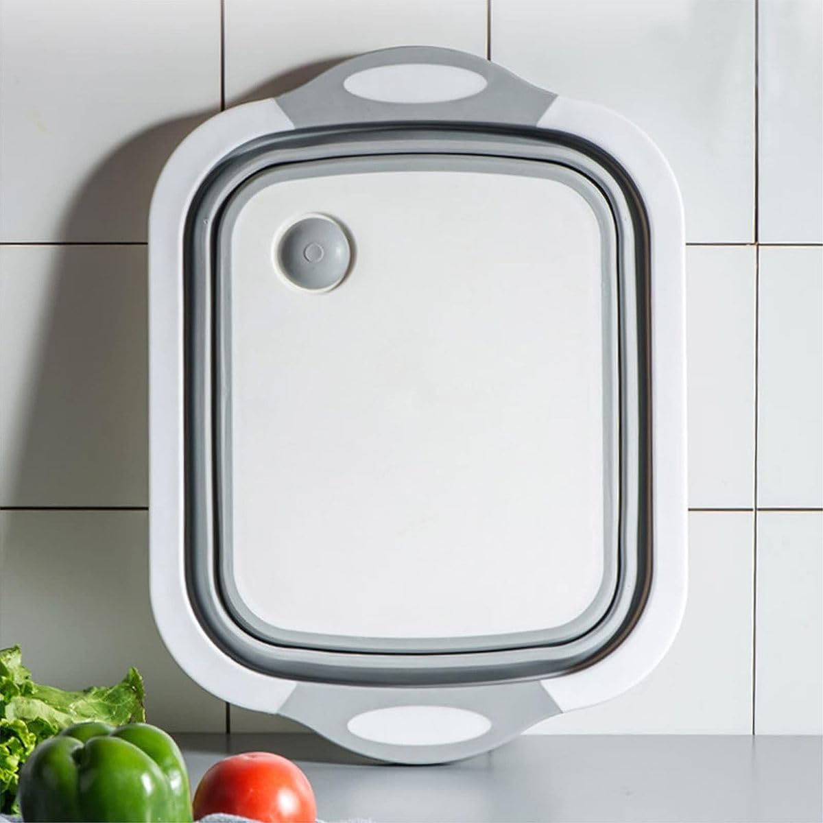 Tagliere Pieghevole König Design 3 In 1 Con Colapasta E Contenitore, In Silicone, 40x30 Cm, Per Cucina, Campeggio E Picnic, Grigio