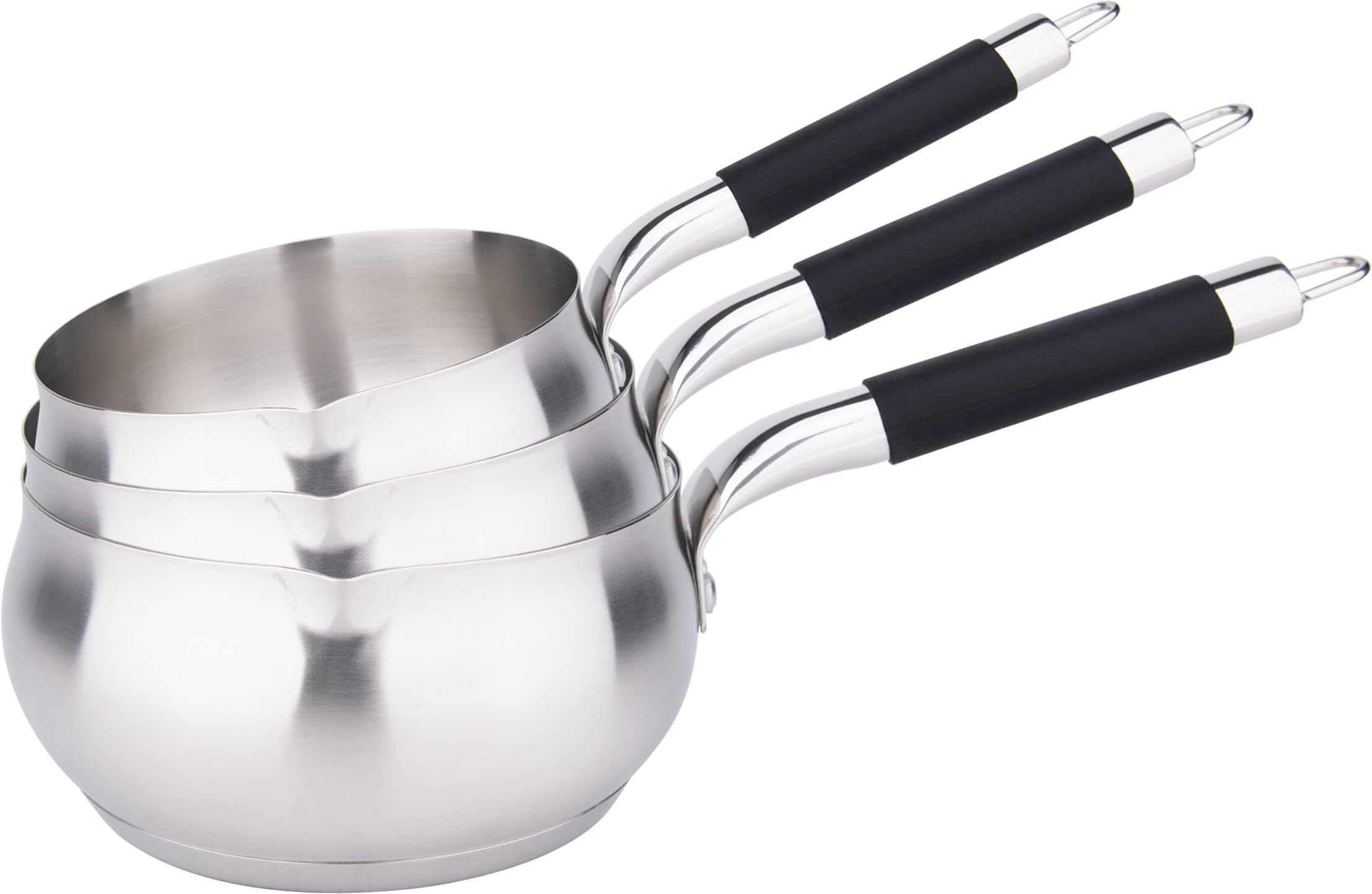 Kamberg - Set 3 casseroles 16/18/20 cm - Acier inoxydable Haute Qualité - Forme POMME - Bec verseur - Tous feux dont induction - Manche silicone noir