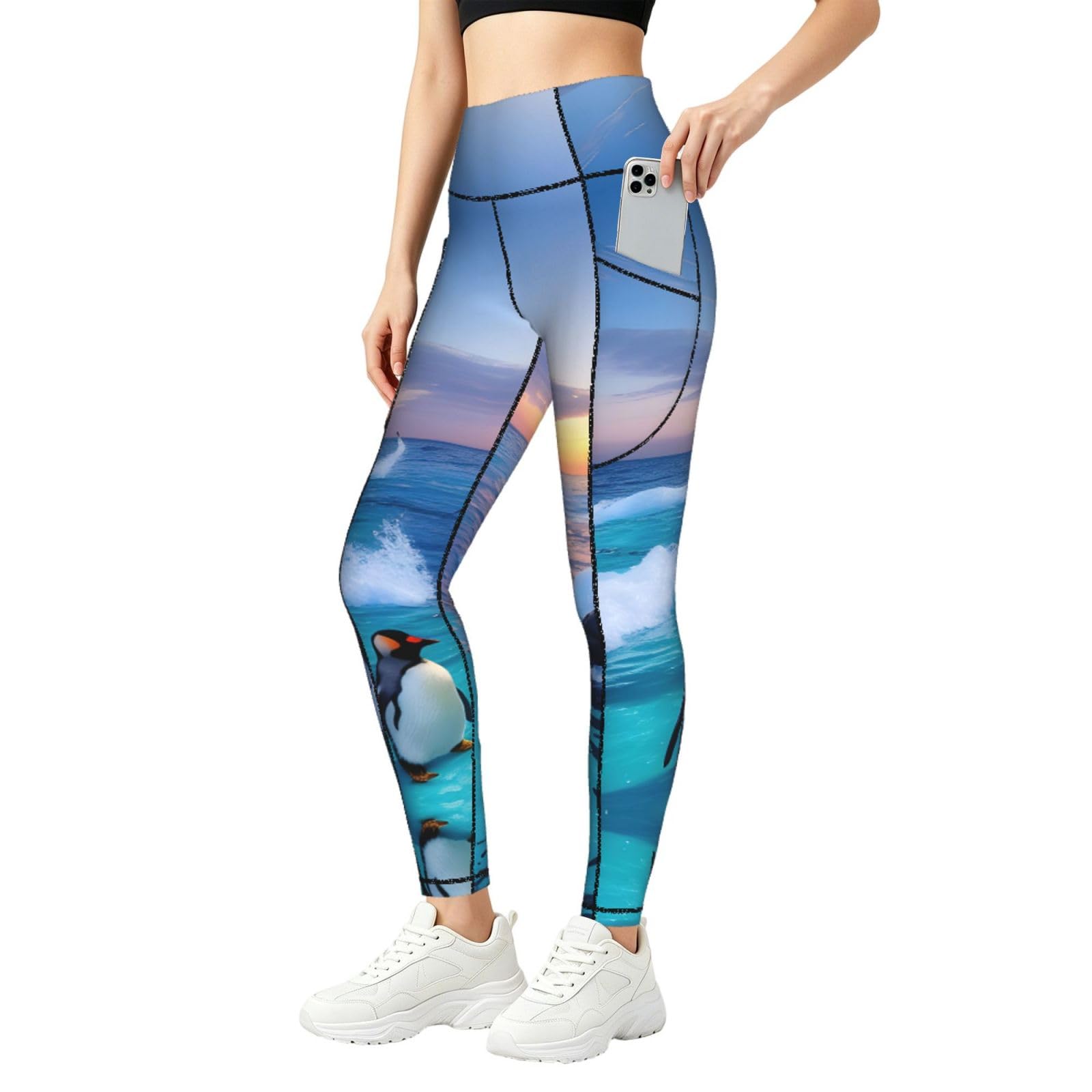 Leggings con estampado de pingüino y mar de alta elasticidad y bolsillos 8