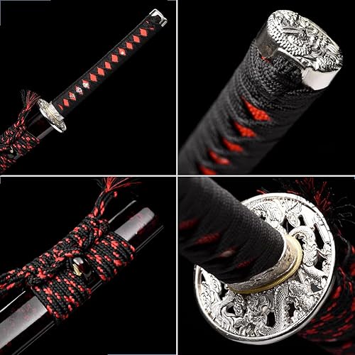 Miniatura 9 de Samurai Katana Espada japonesa hecha a mano, práctica, acero al carbono Damasco/1060/1095, templado/arcilla templada, espiga completa, afilada, Azul