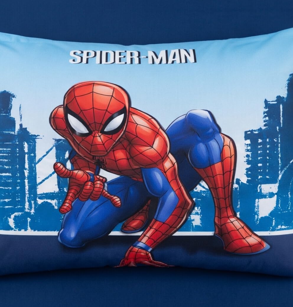 Spider-Man Pościel 140x200 + Poszewka 70x90 Niebieska Czerwona | Odwracalna pościel jednoosobowa | Bawełna naturalna oddychająca Oeko-Tex | Marvel | Chłopcy | Prezent | Dekoracja pokoju