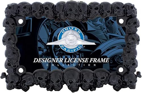 United Pacific 50113 - Marco de matrícula de motocicleta de calavera 3D de zinc fundido a presión, color negro satinado, diseño de calavera