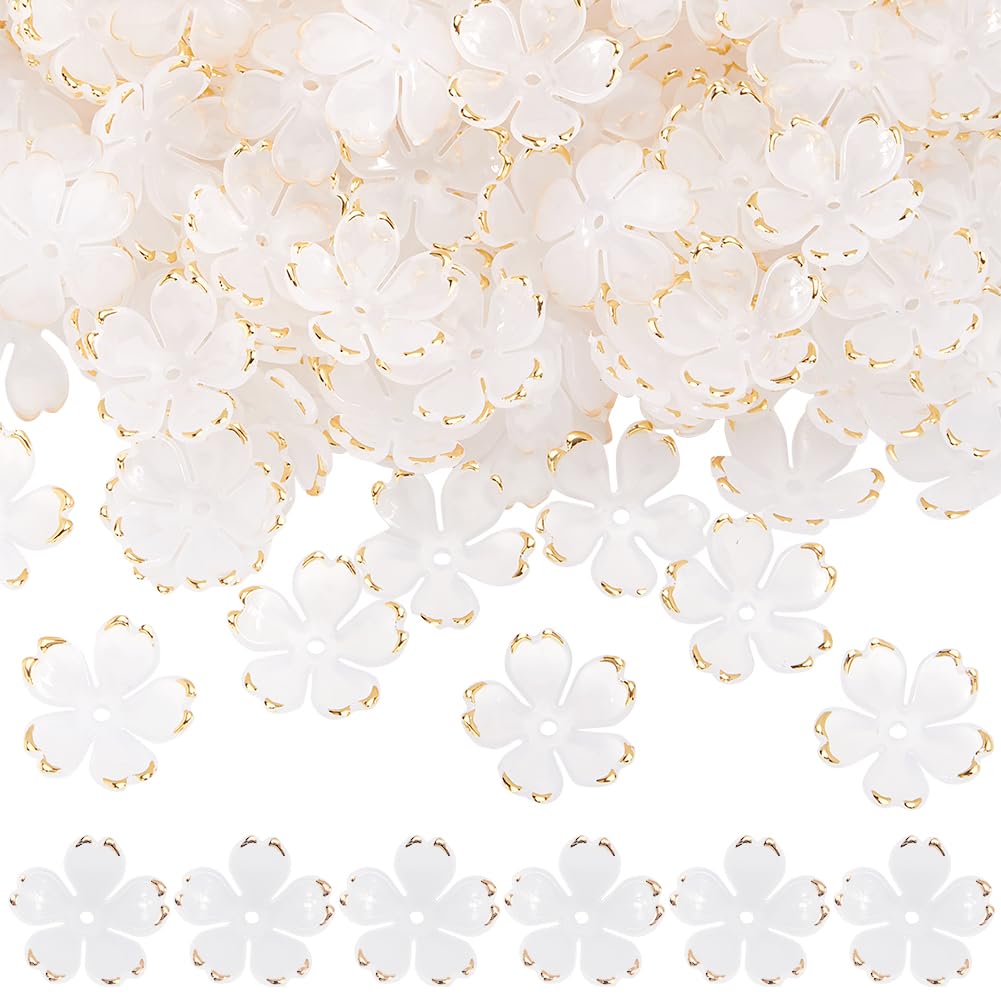 Perles blanches acrylique motif floral Sakuras 5 pétales plaqué or pour loisirs créatifs