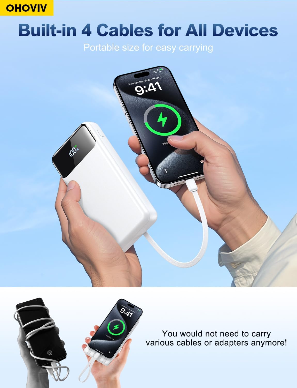 Portable Charger Power Bank 50000mAh Battery Pack, 22.5W Fast Charging PowerBank with Built in Cables,Travel Essential USB-C Portable Phone Charger for iPhone Samsung Pixel Android iPad-White - Image 3