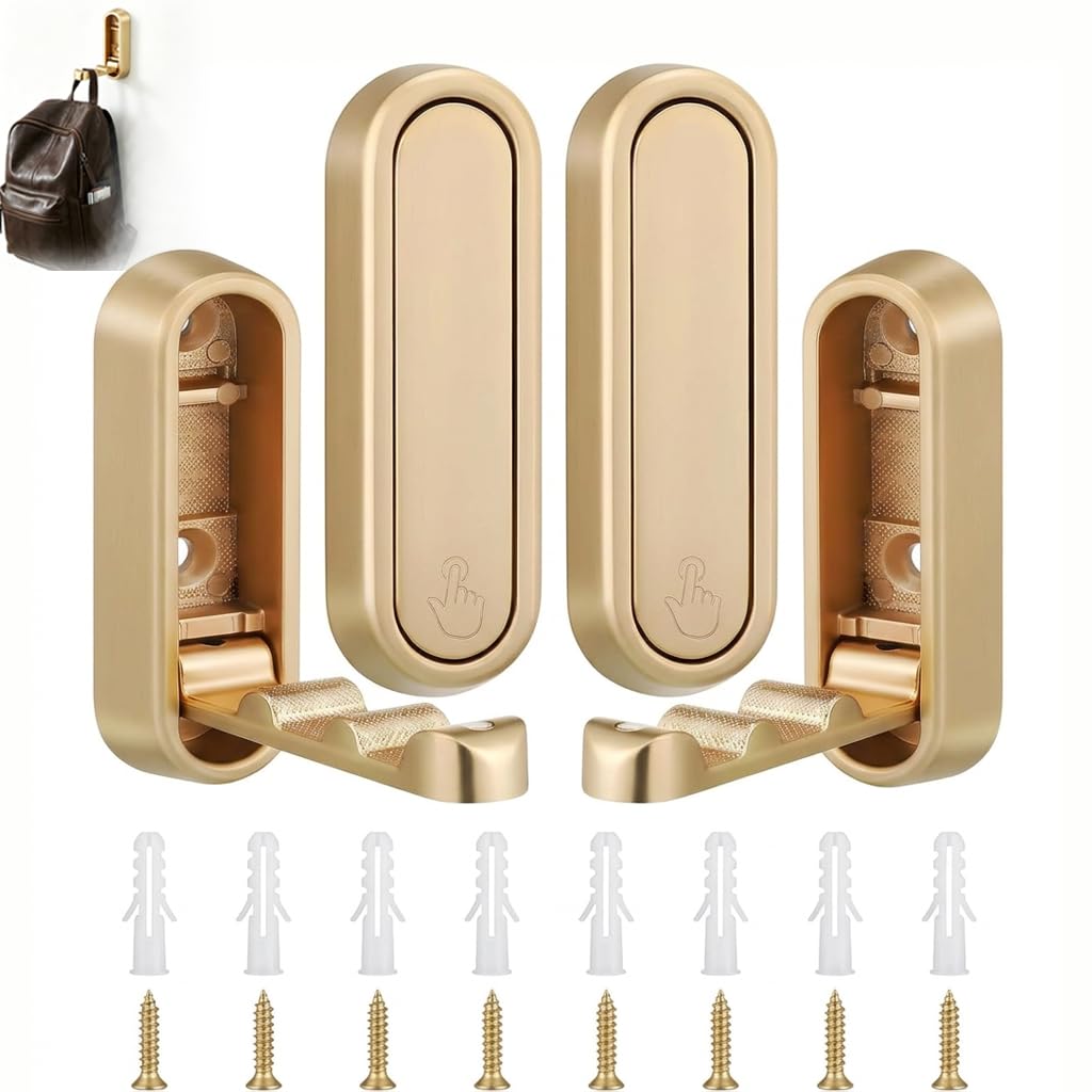 4 Pcs Folding Wall Hooks, Wall Hangers for Clothes, Foldable Wall Hook Gold Finish, Coat Hooks for Wall, Space Saving Hooks for Hanging Heavy Duty, Wall Mounted Hooks for Bathroom, Kitchen Bedroom