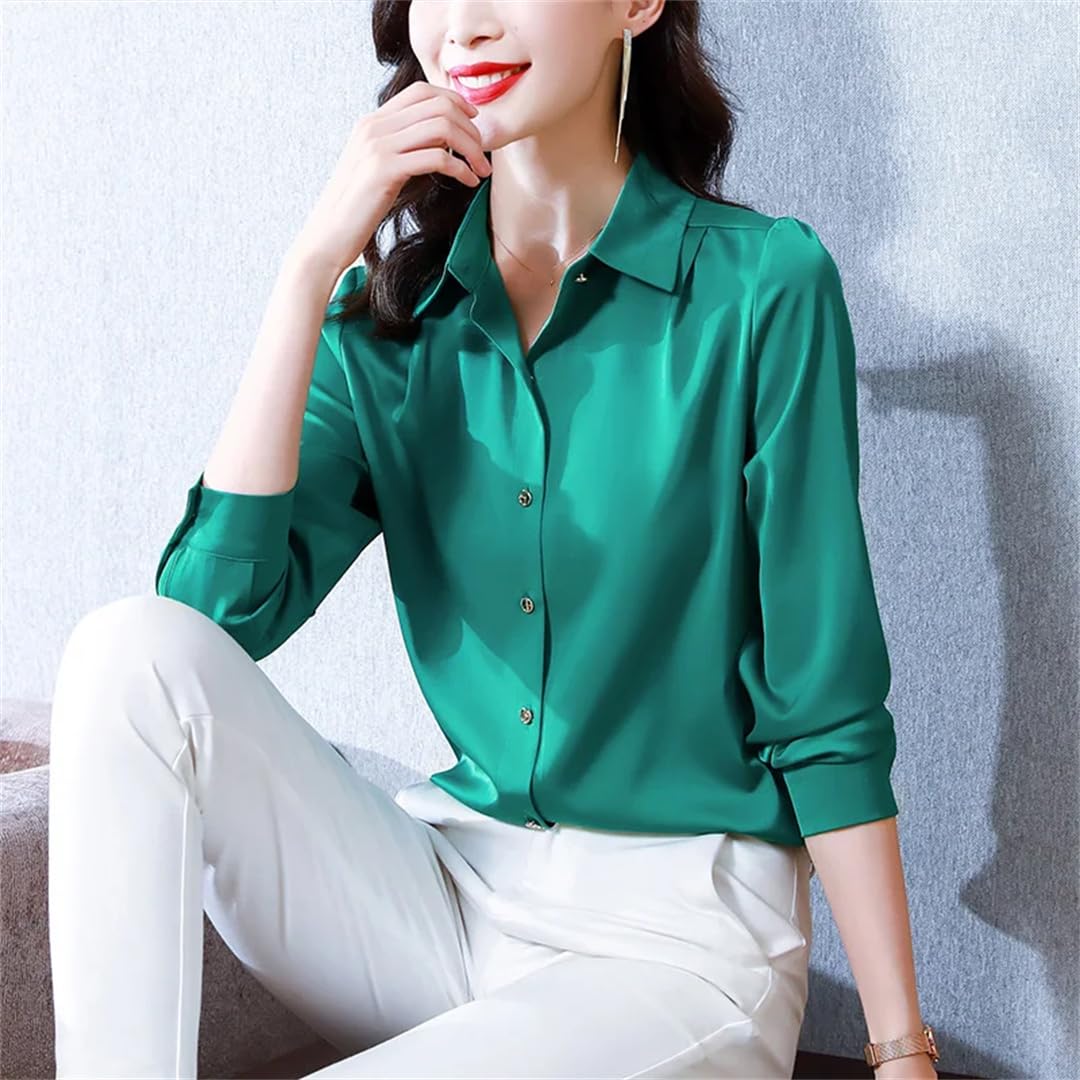 Camisa de seda para mujer, vintage, sólida, para mujer, con botones de metal, manga larga, camisas básicas para mujer