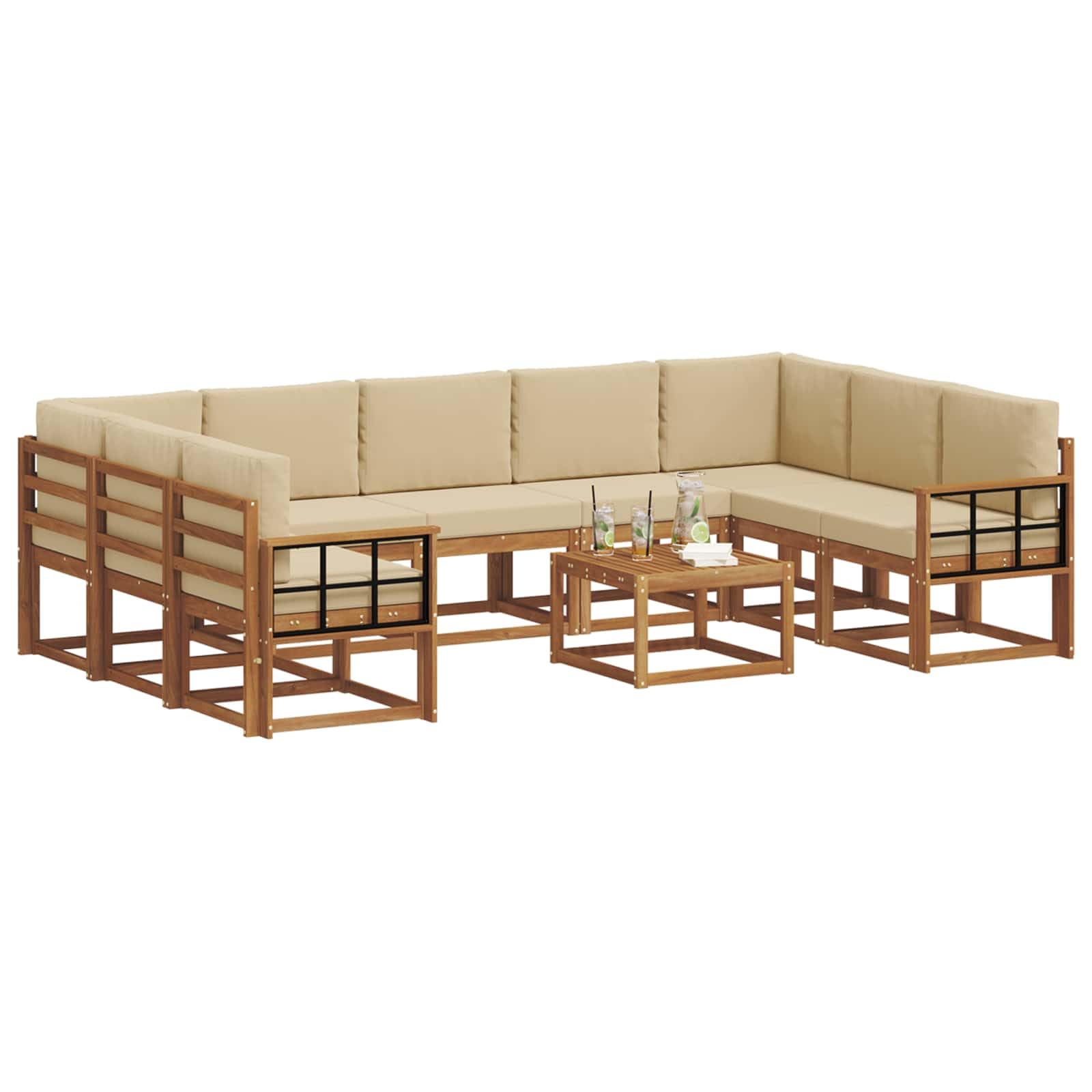 Modułowa sofa outdoorowa zestaw 10-częściowy z poduszkami, z drewna akacjowego, zestaw mebli ogrodowych w kolorze naturalnym i beżowym