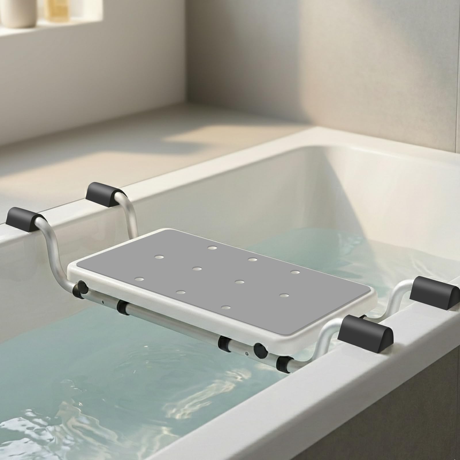 Asiento de bañera para personas mayores con asas negras y asiento gris – Tabla de bañera estable hasta 120 kg, ajustable de 71 a 81 cm, aluminio inoxidable