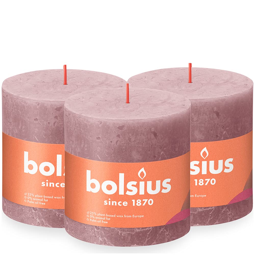 Bolsius Rustic Pillar Candle XXL - Old Pink - Pack of 3 - Long Burning Time of 6