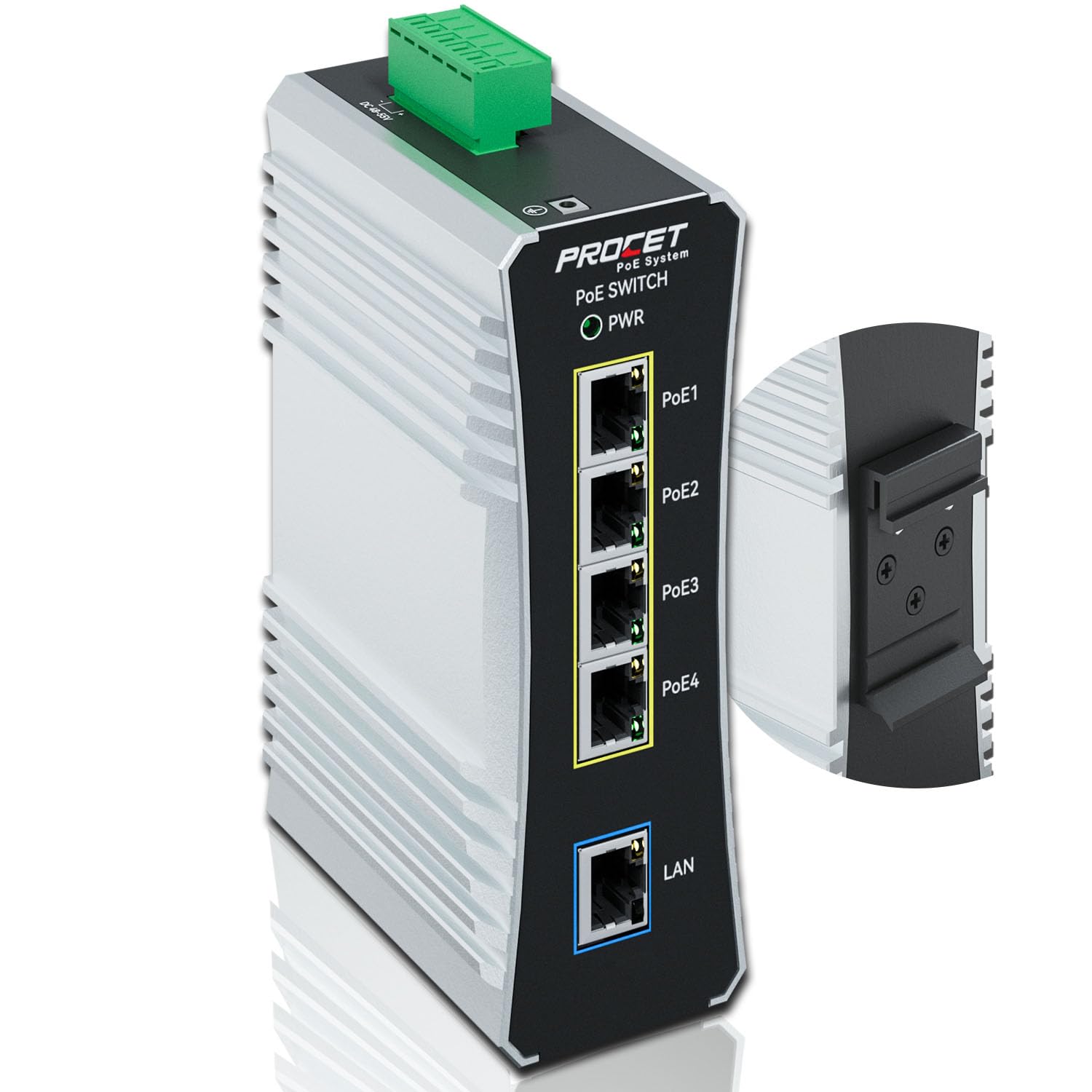 PROCET Gigabit PoE Switch 4-Port Din Rail, 90W/Port, Industrial POE++ Ethernet Switch with Wide Temp -40°F to 149°F, IEEE802.3af/802.3at/802.3bt,