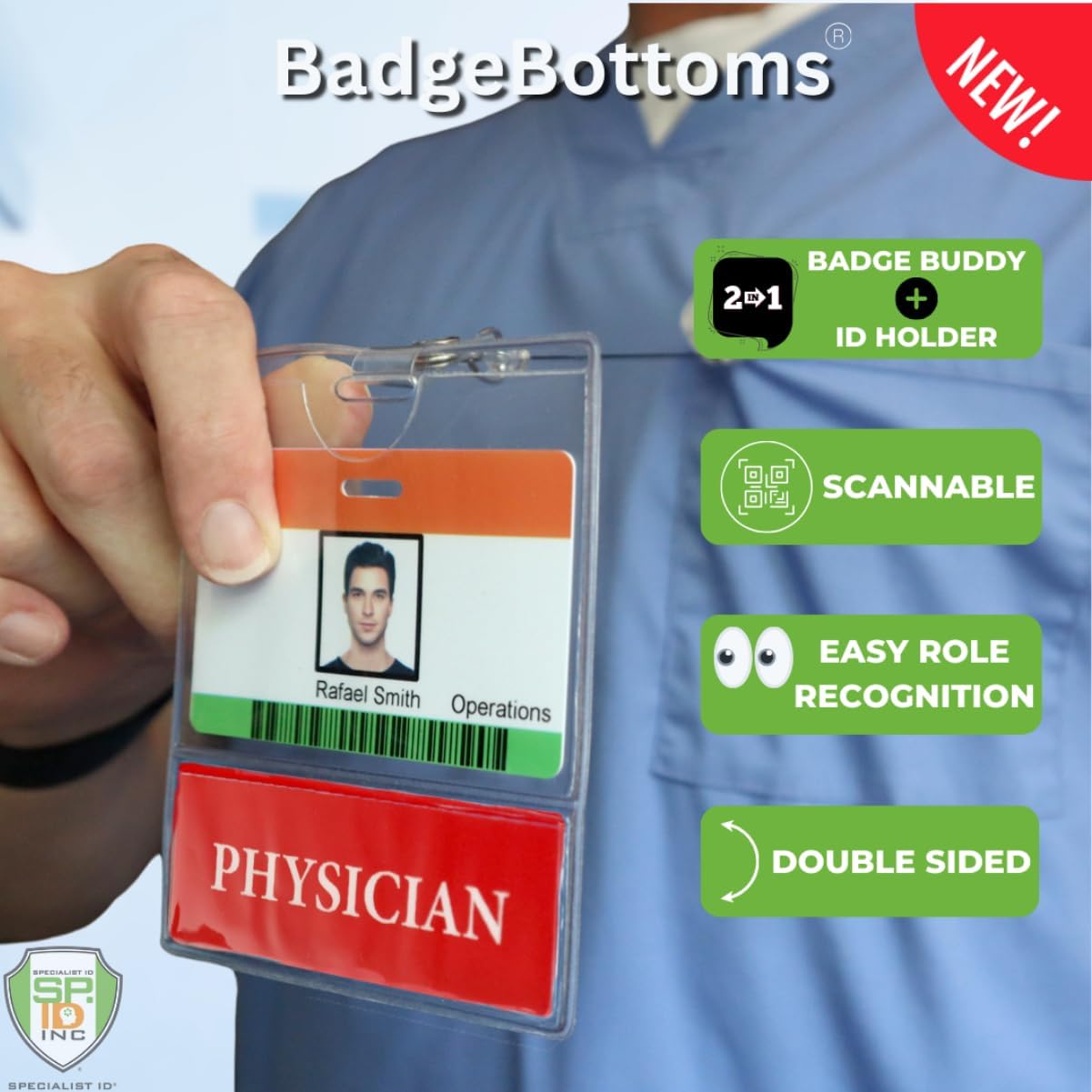 Bulk 20 Pack - Physician BadgeBottom Horizontal Badge Buddy & Badge Holder Combo - Heavy Duty 2 in 1 Badge Bottom I’D Nursing Accessories - Double Sided Clear Sleeve by Specialist ID